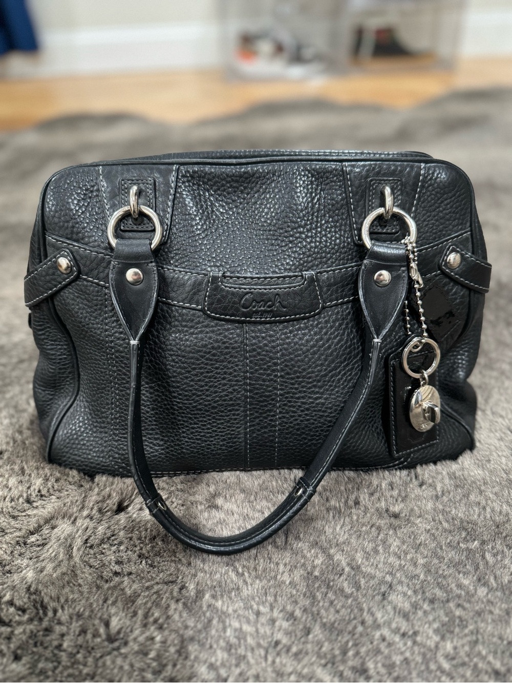 Coach Black Pebbled Leather Satchel with Charm